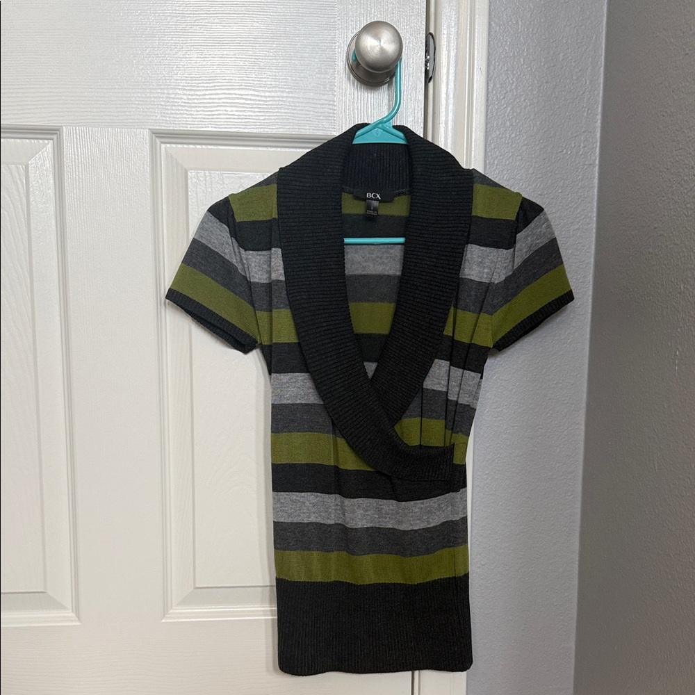 BCX V-Neck Sweater with Olive and Gray Stripes